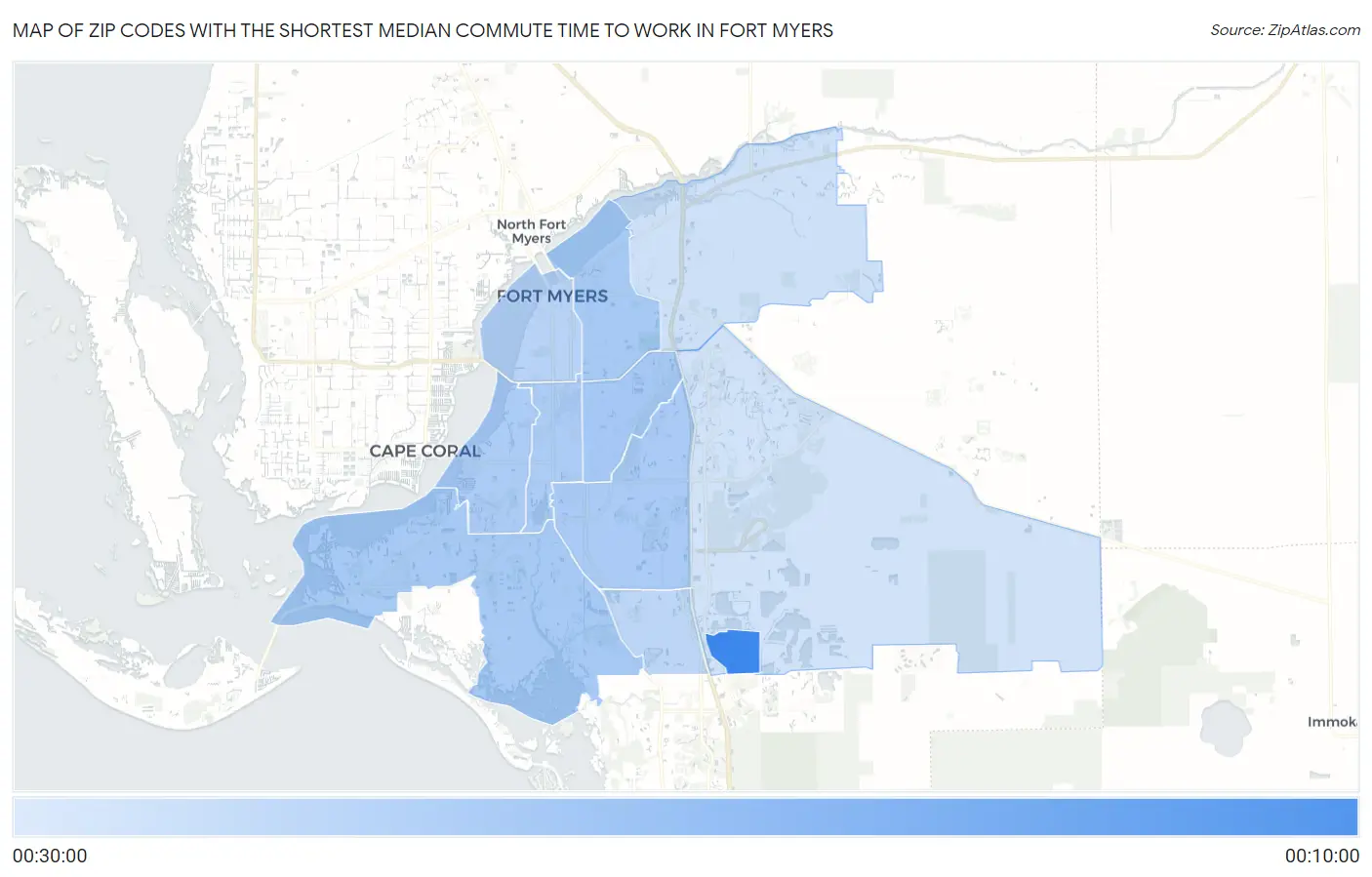 Zip Codes with the Shortest Median Commute Time to Work in Fort Myers Map
