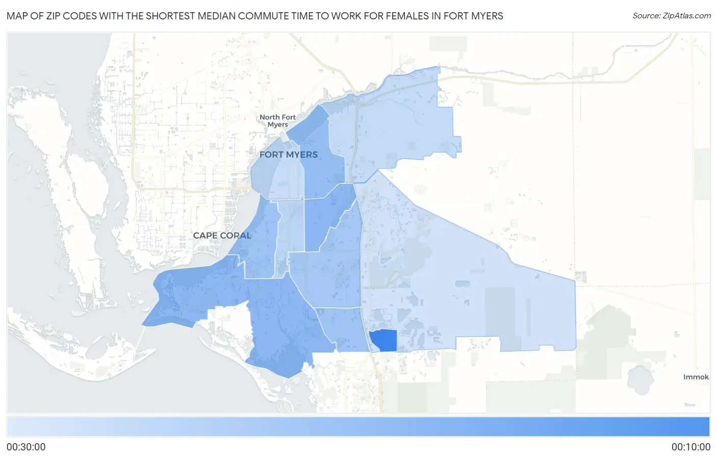 Zip Codes with the Shortest Median Commute Time to Work for Females in Fort Myers Map