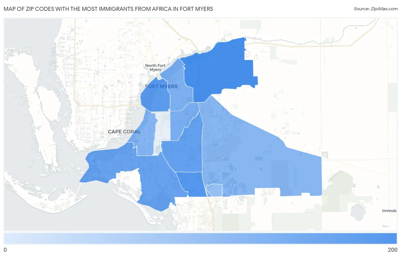 Zip Codes with the Most Immigrants from Africa in Fort Myers Map