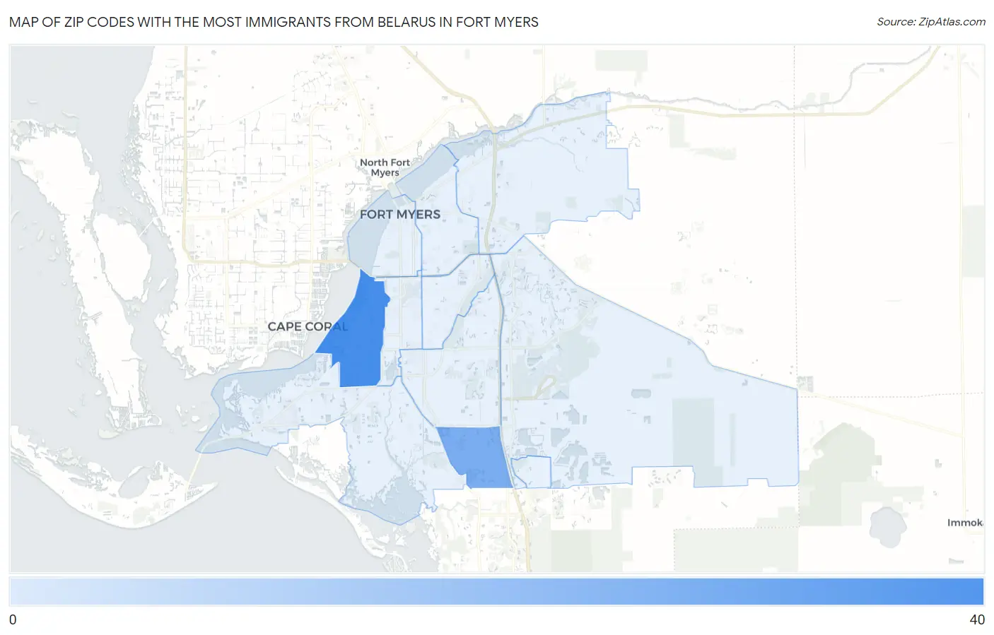 Zip Codes with the Most Immigrants from Belarus in Fort Myers Map