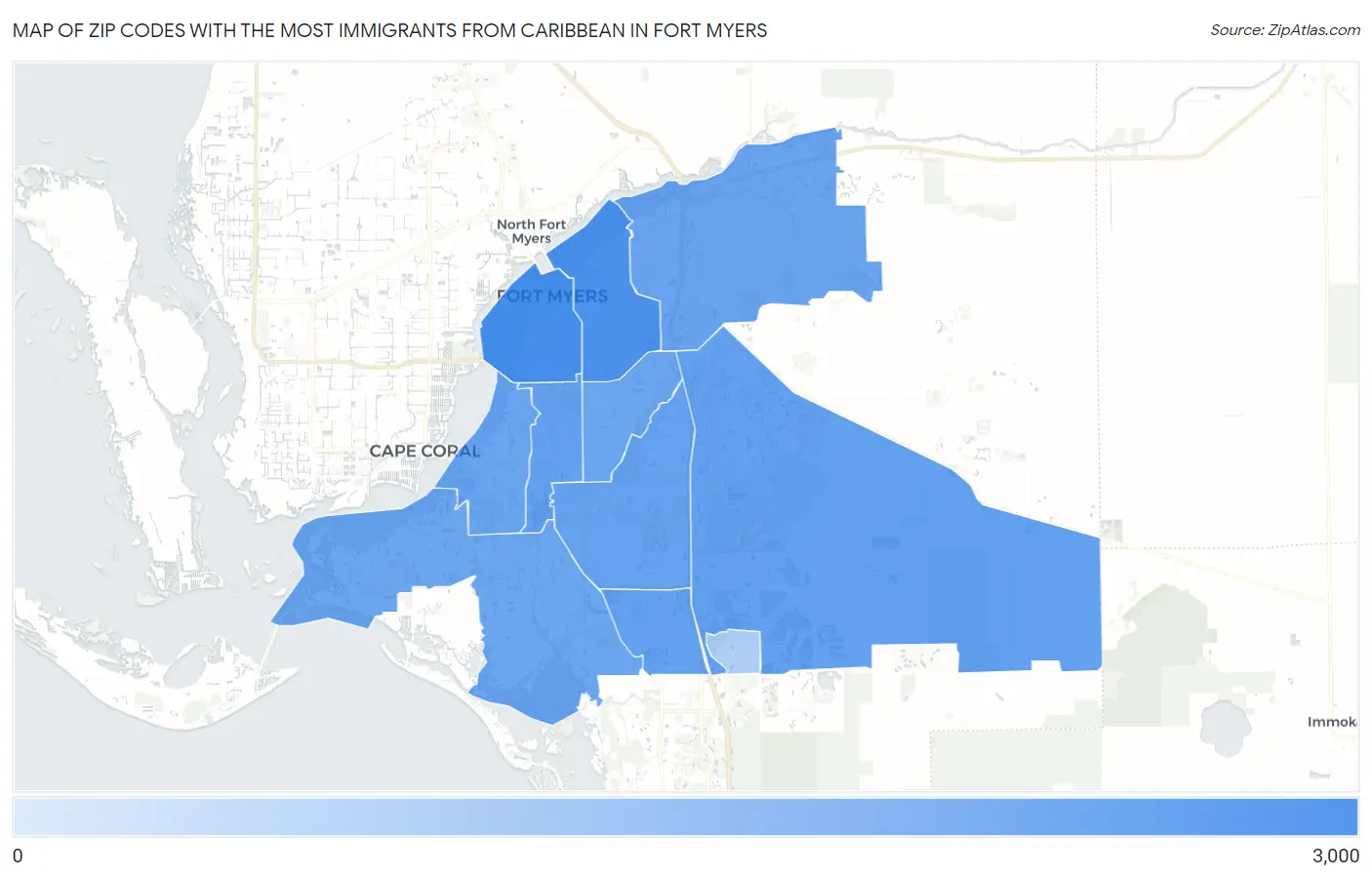 Zip Codes with the Most Immigrants from Caribbean in Fort Myers Map