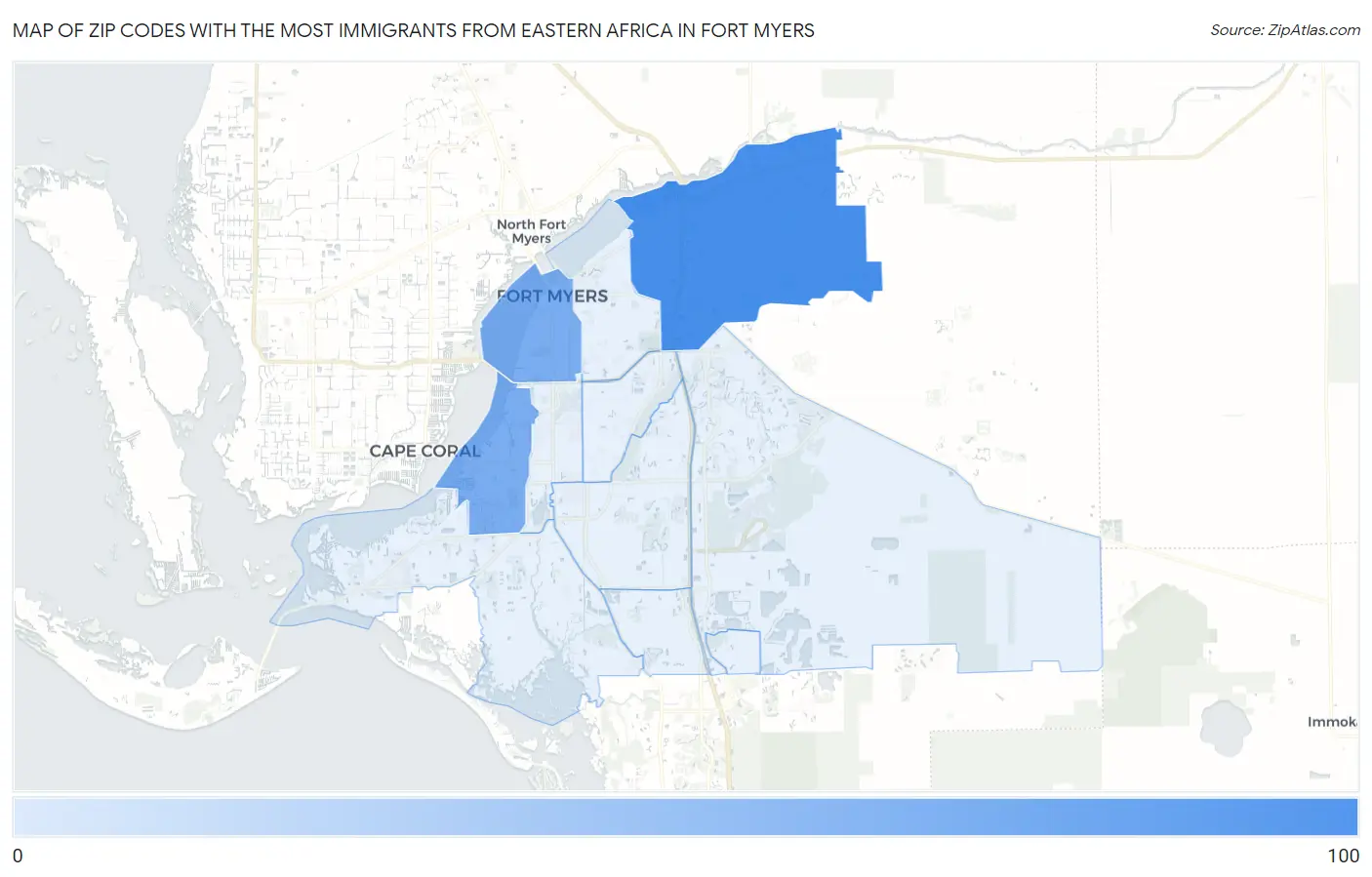 Zip Codes with the Most Immigrants from Eastern Africa in Fort Myers Map