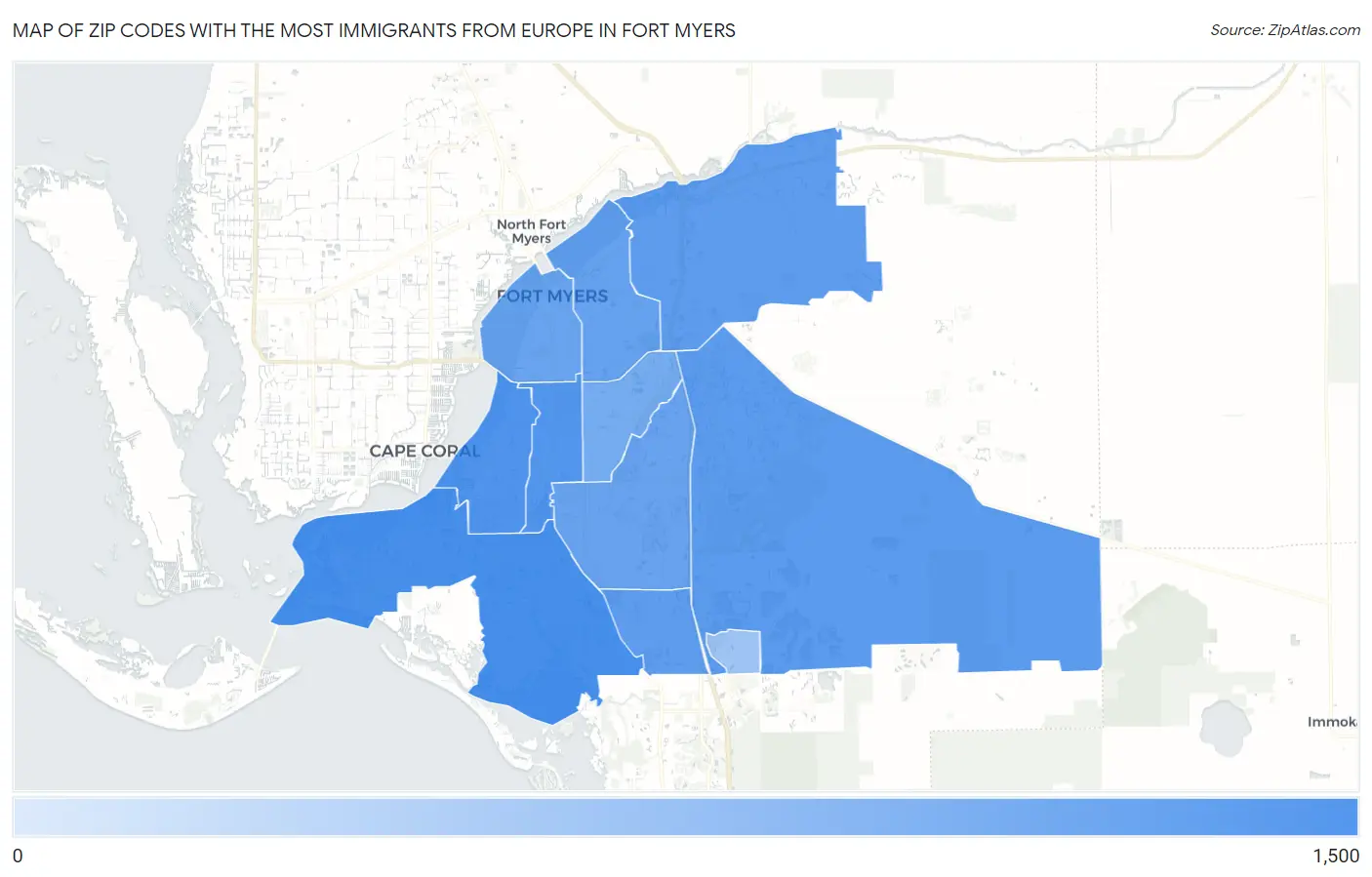 Zip Codes with the Most Immigrants from Europe in Fort Myers Map
