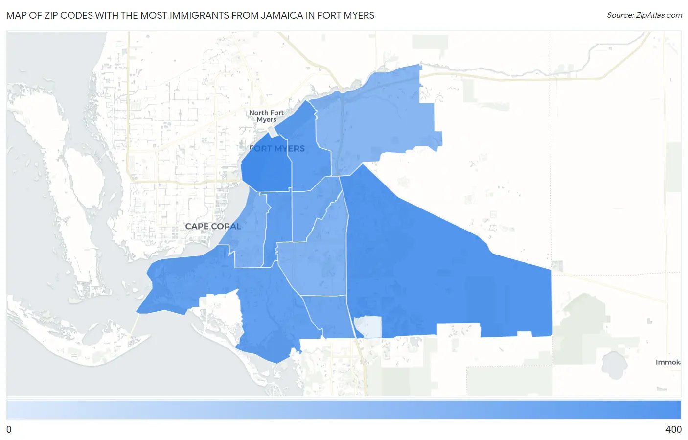 Zip Codes with the Most Immigrants from Jamaica in Fort Myers Map