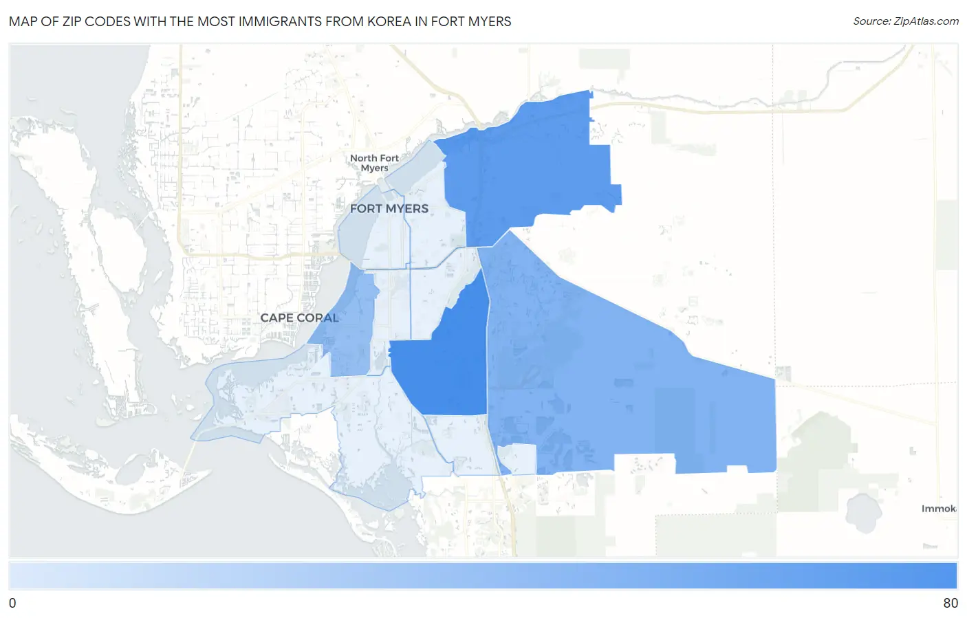 Zip Codes with the Most Immigrants from Korea in Fort Myers Map