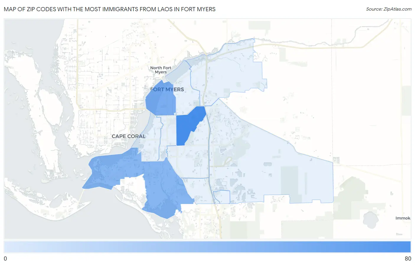 Zip Codes with the Most Immigrants from Laos in Fort Myers Map