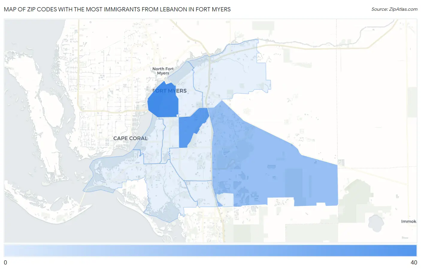 Zip Codes with the Most Immigrants from Lebanon in Fort Myers Map