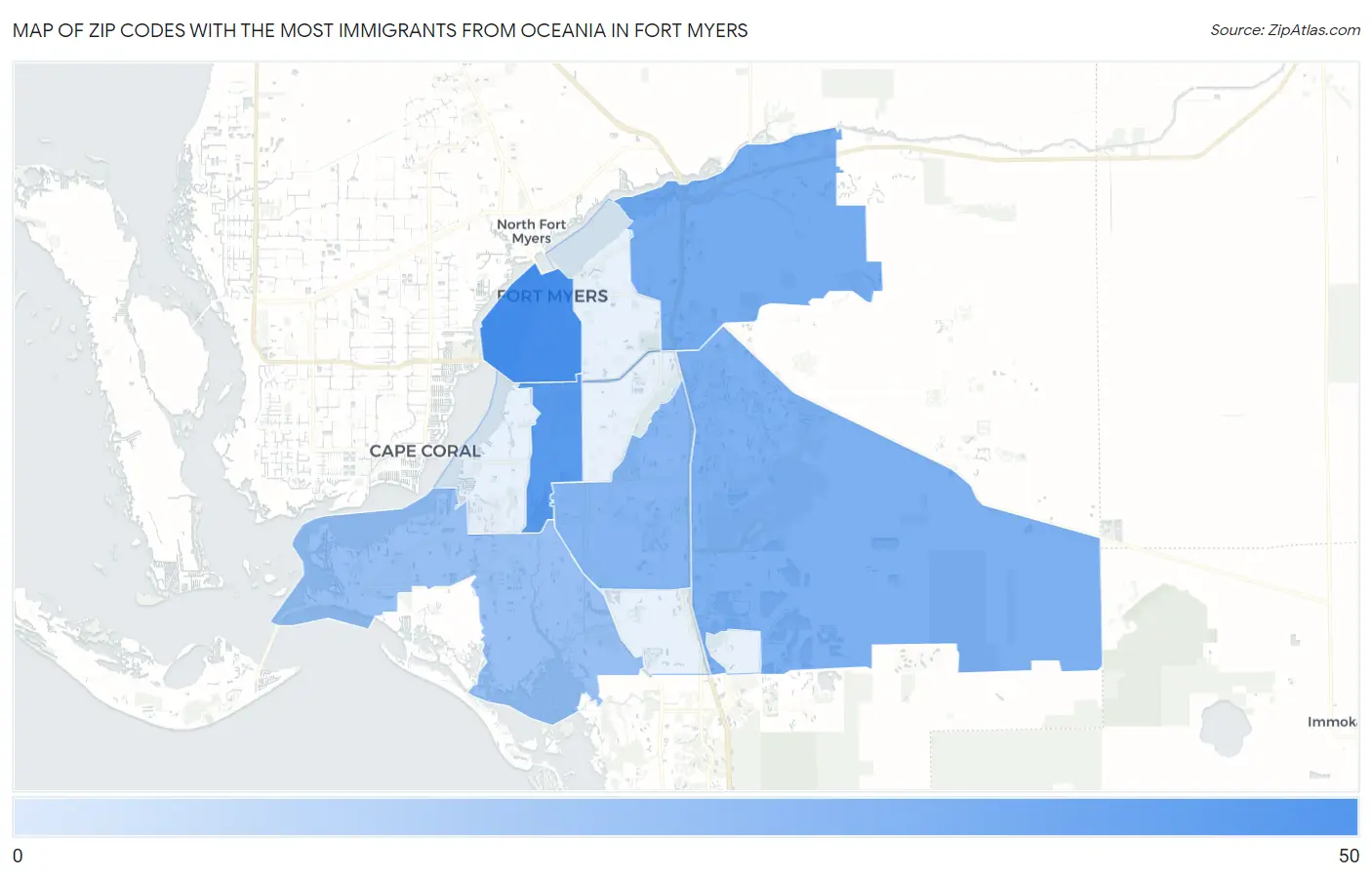 Zip Codes with the Most Immigrants from Oceania in Fort Myers Map