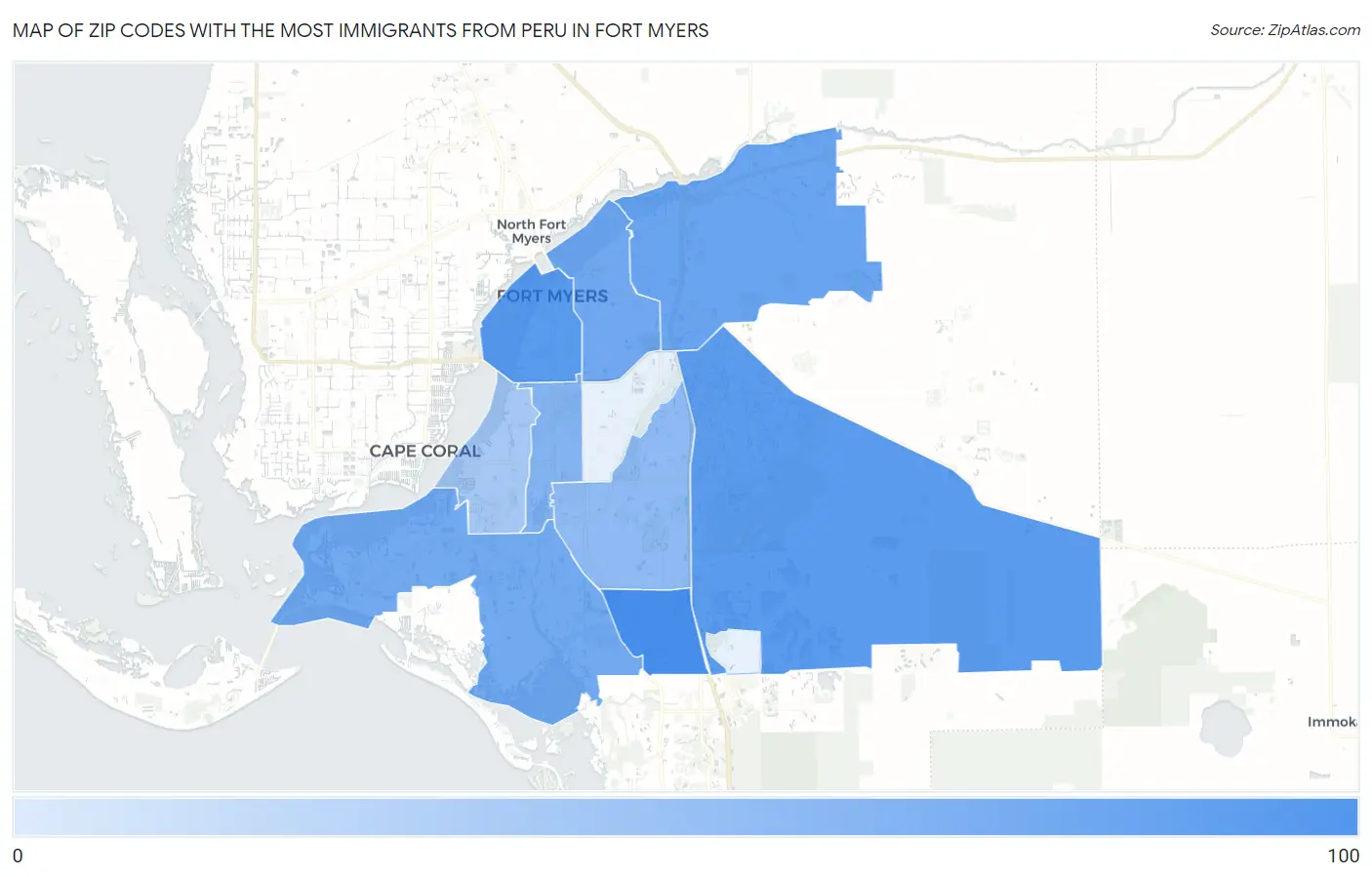 Zip Codes with the Most Immigrants from Peru in Fort Myers Map