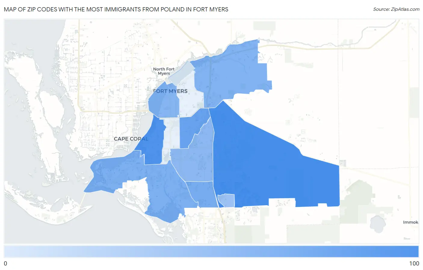Zip Codes with the Most Immigrants from Poland in Fort Myers Map
