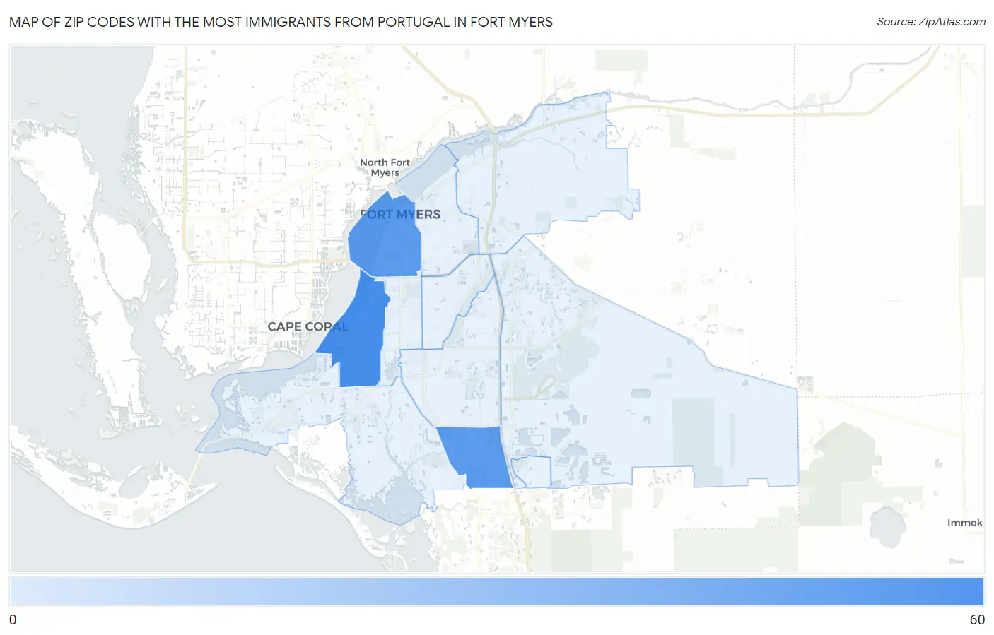Zip Codes with the Most Immigrants from Portugal in Fort Myers Map