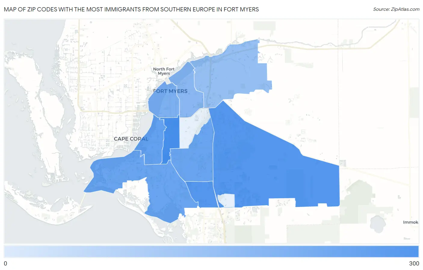 Zip Codes with the Most Immigrants from Southern Europe in Fort Myers Map