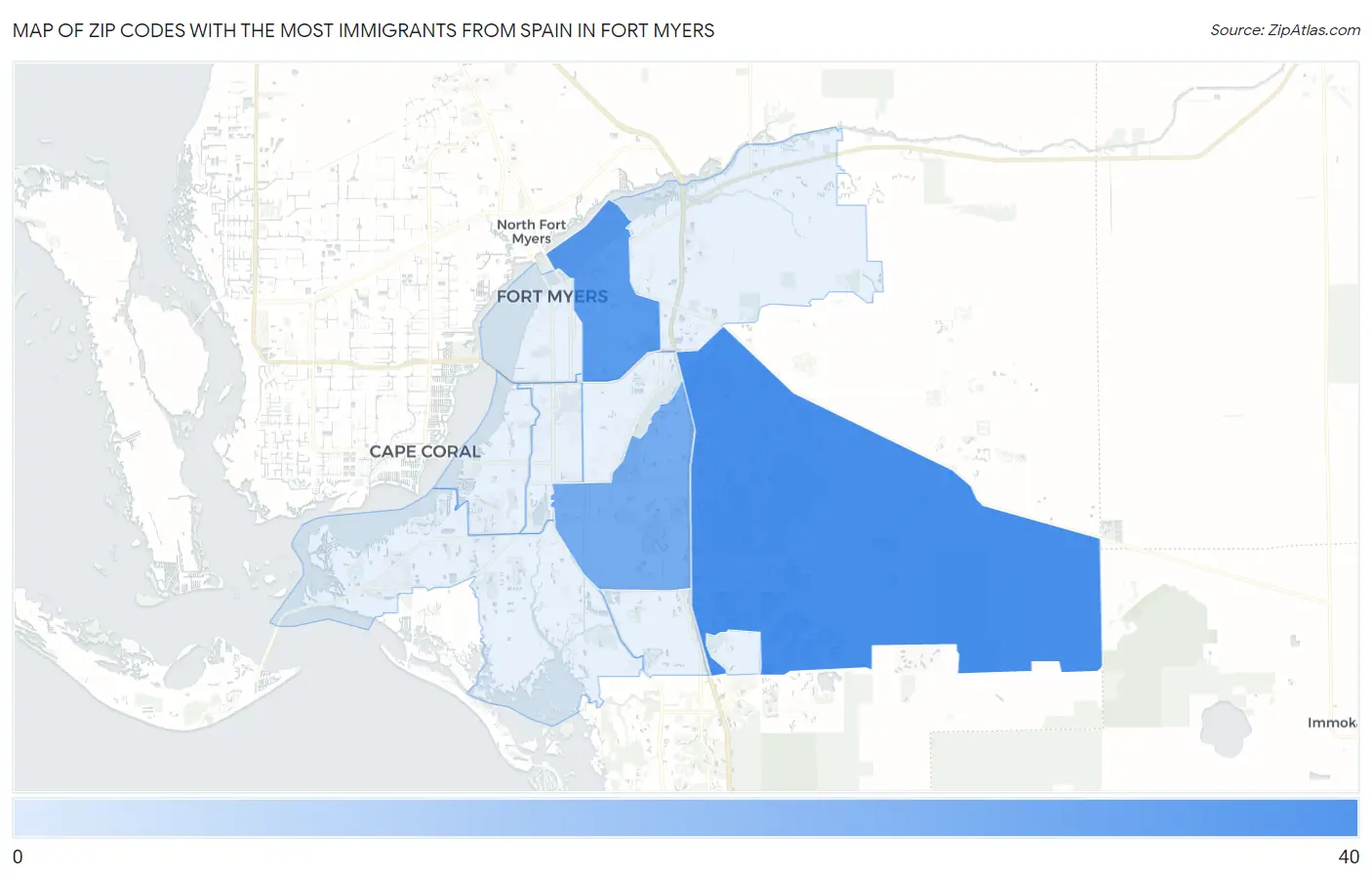 Zip Codes with the Most Immigrants from Spain in Fort Myers Map
