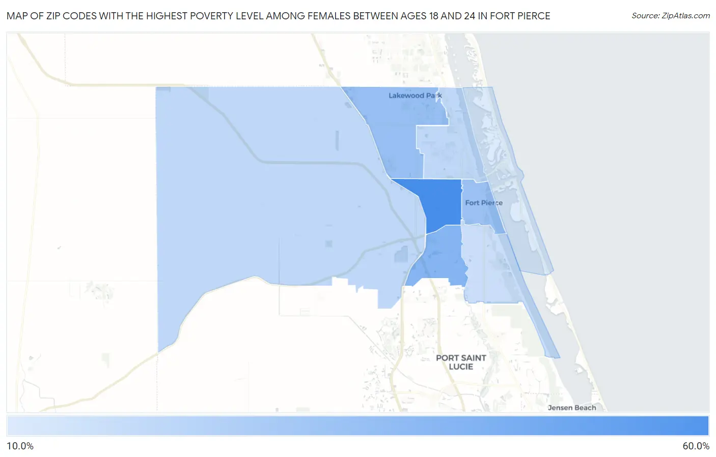 Zip Codes with the Highest Poverty Level Among Females Between Ages 18 and 24 in Fort Pierce Map