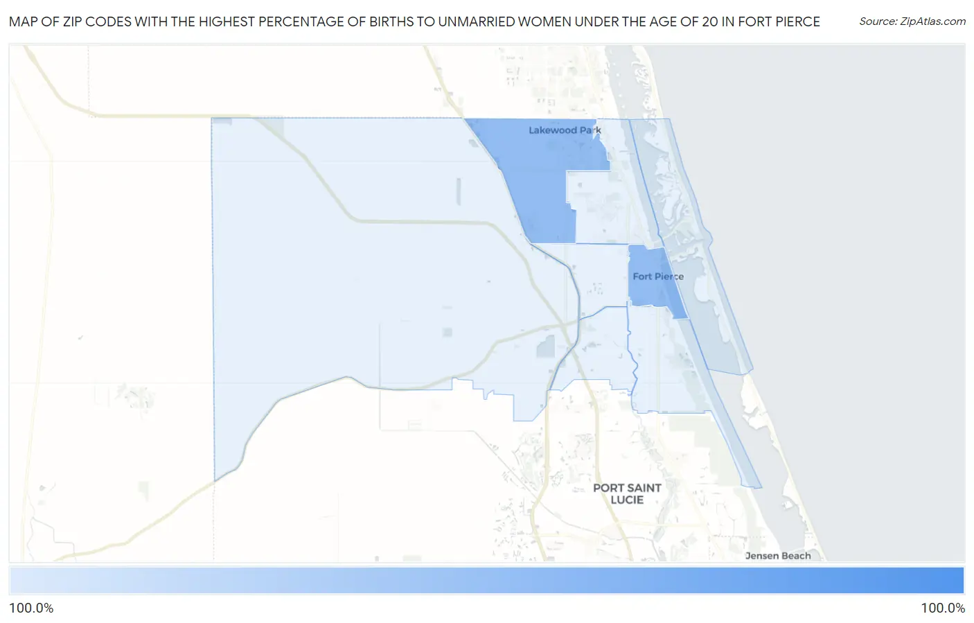 Zip Codes with the Highest Percentage of Births to Unmarried Women under the Age of 20 in Fort Pierce Map