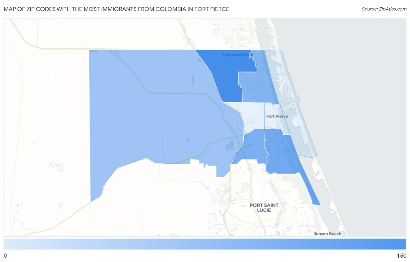 Zip Codes with the Most Immigrants from Colombia in Fort Pierce Map