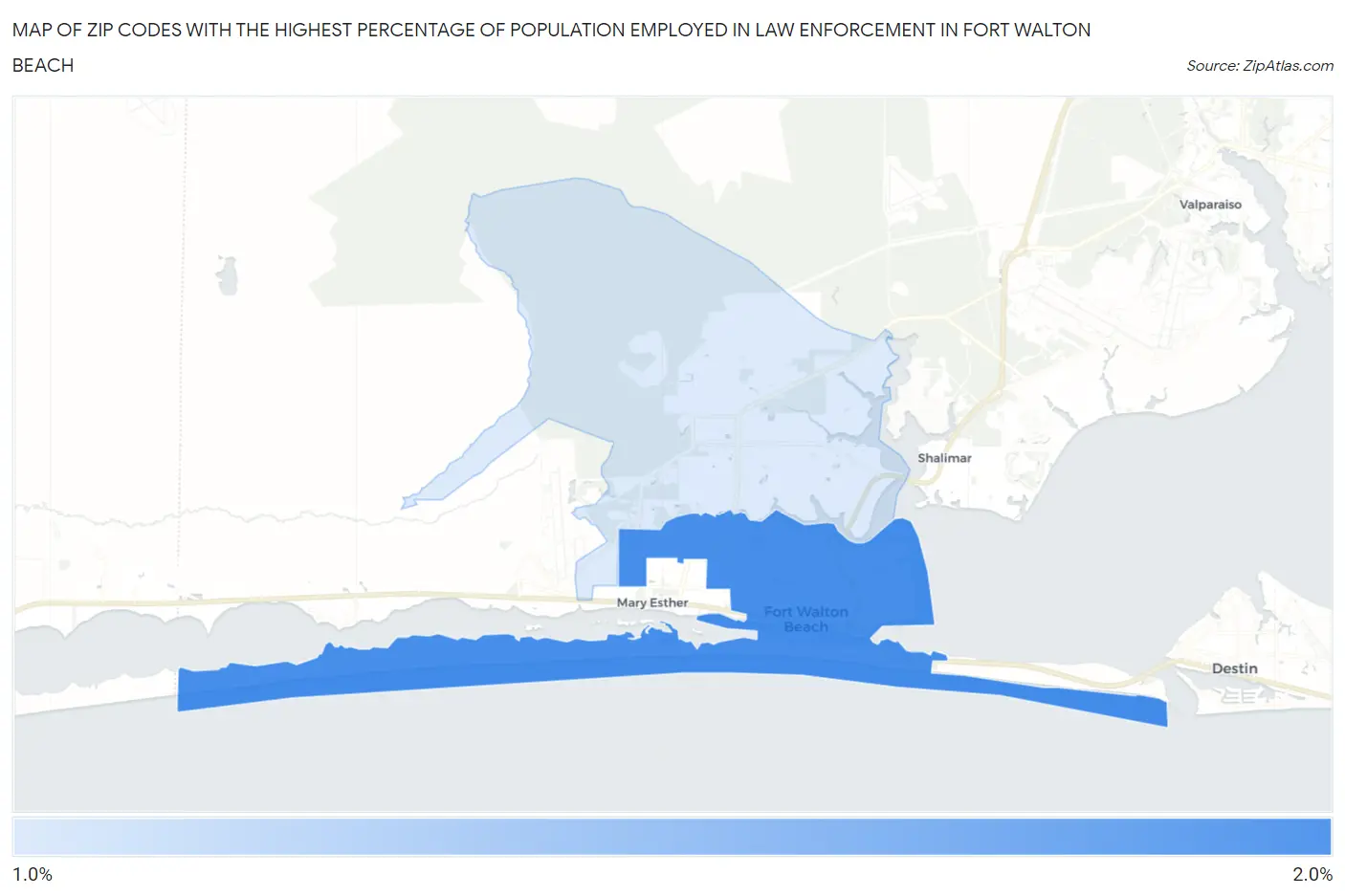 Zip Codes with the Highest Percentage of Population Employed in Law Enforcement in Fort Walton Beach Map