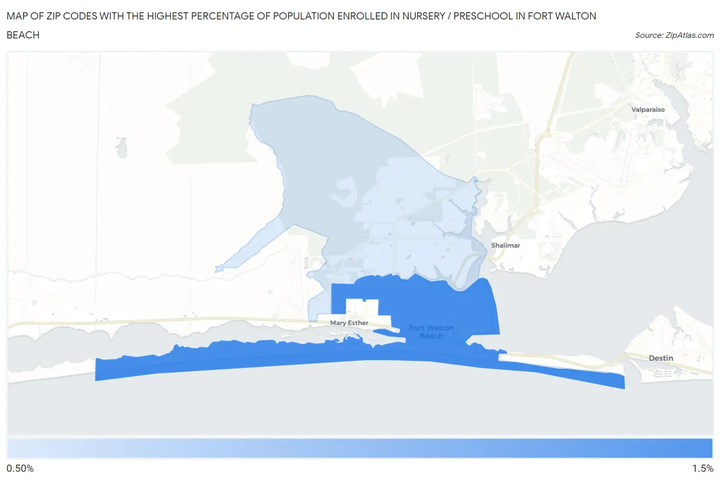 Zip Codes with the Highest Percentage of Population Enrolled in Nursery / Preschool in Fort Walton Beach Map