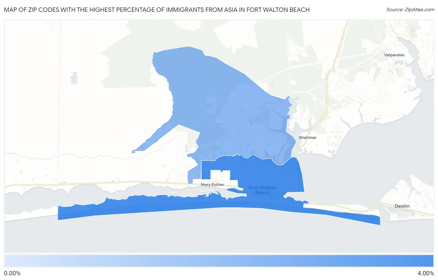 Zip Codes with the Highest Percentage of Immigrants from Asia in Fort Walton Beach Map