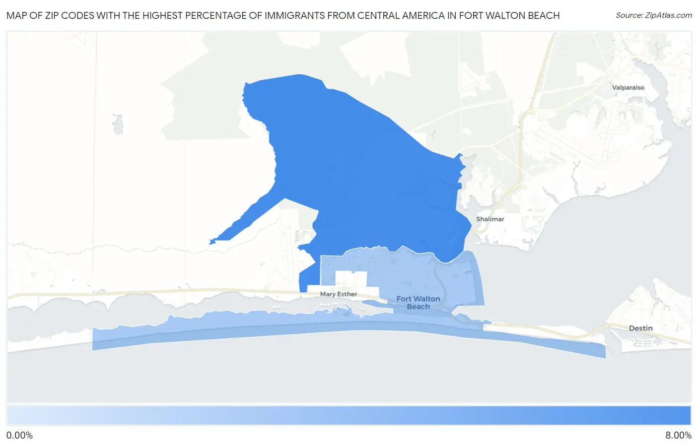 Zip Codes with the Highest Percentage of Immigrants from Central America in Fort Walton Beach Map