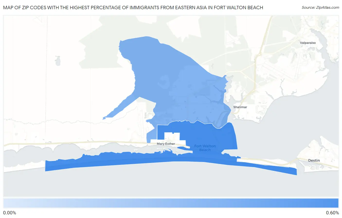 Zip Codes with the Highest Percentage of Immigrants from Eastern Asia in Fort Walton Beach Map