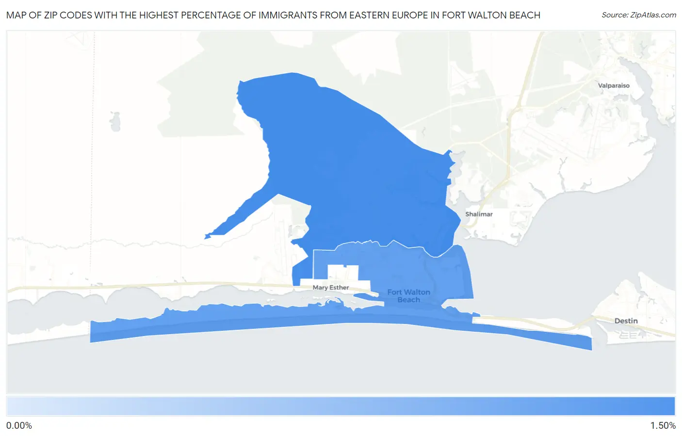 Zip Codes with the Highest Percentage of Immigrants from Eastern Europe in Fort Walton Beach Map