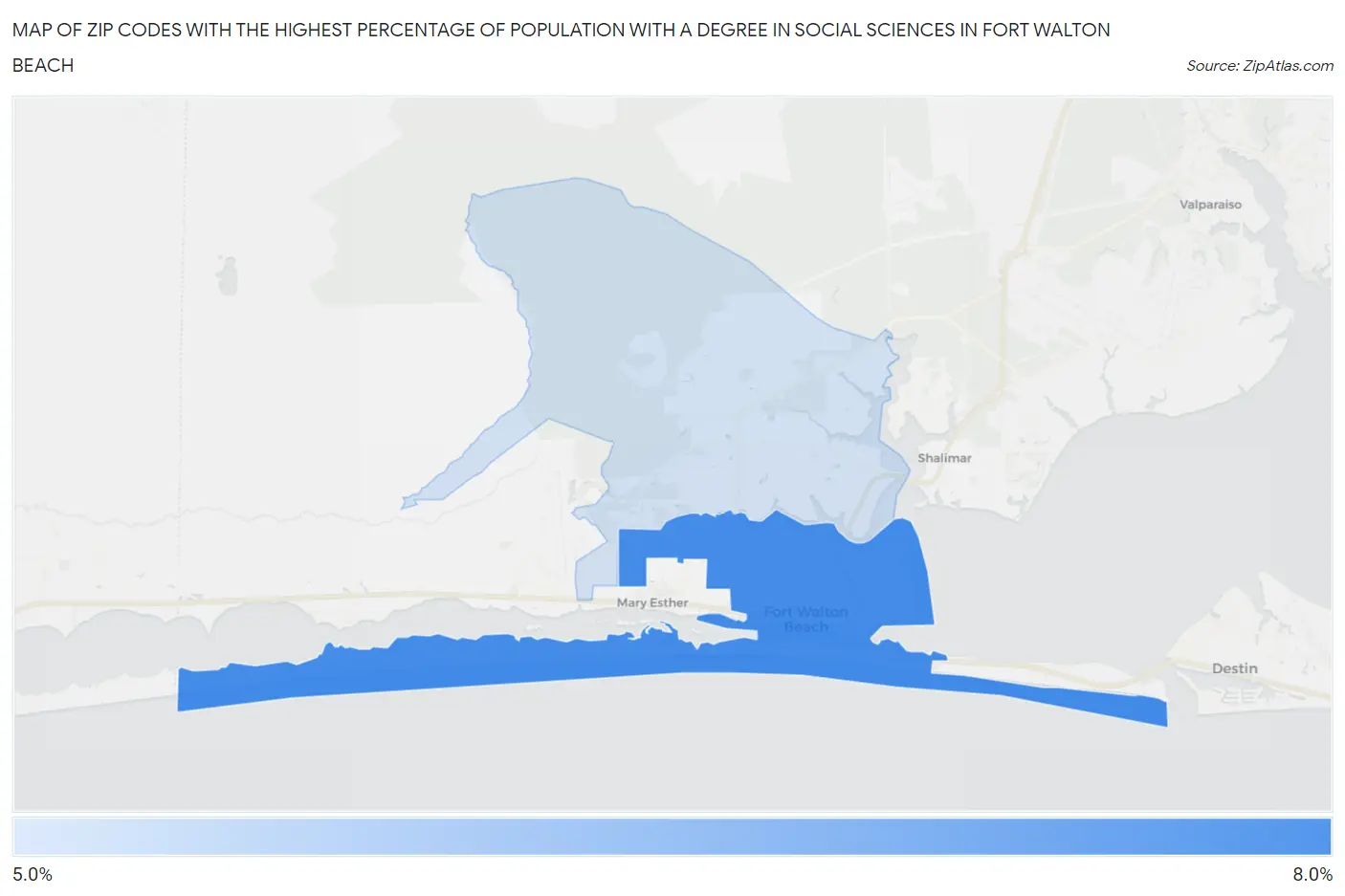 Zip Codes with the Highest Percentage of Population with a Degree in Social Sciences in Fort Walton Beach Map