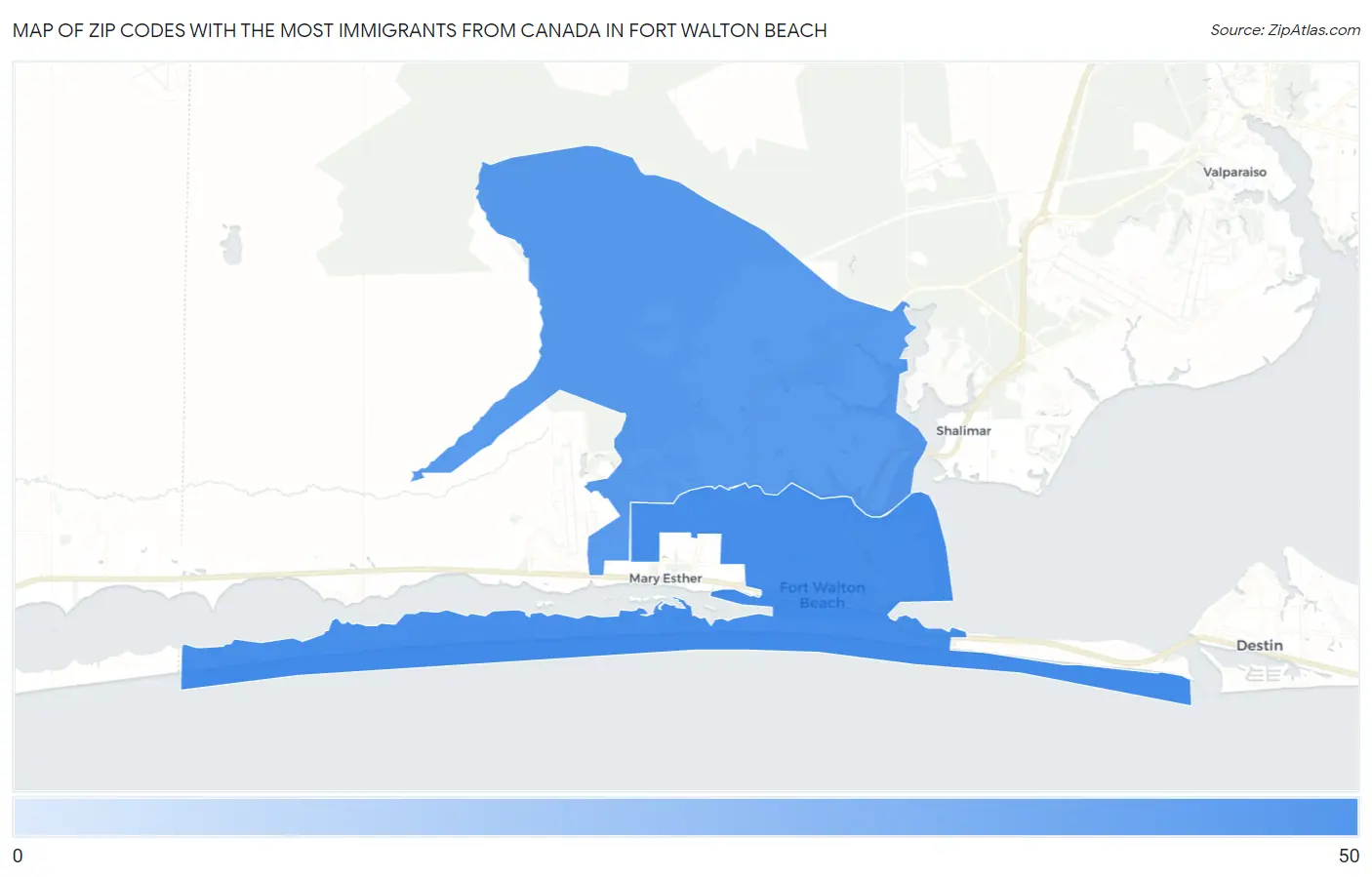 Zip Codes with the Most Immigrants from Canada in Fort Walton Beach Map