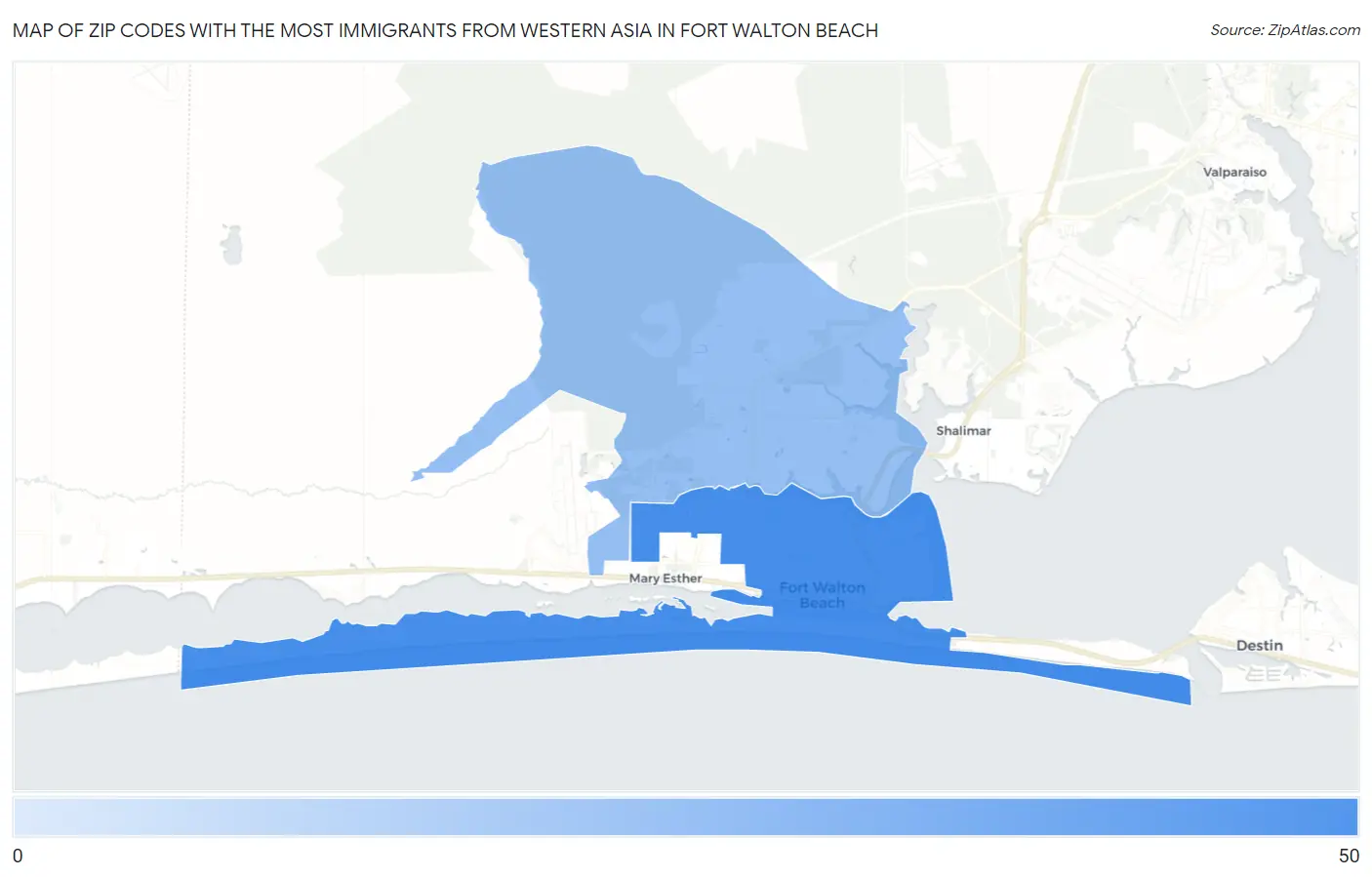 Zip Codes with the Most Immigrants from Western Asia in Fort Walton Beach Map
