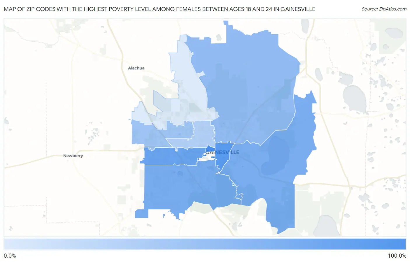 Zip Codes with the Highest Poverty Level Among Females Between Ages 18 and 24 in Gainesville Map