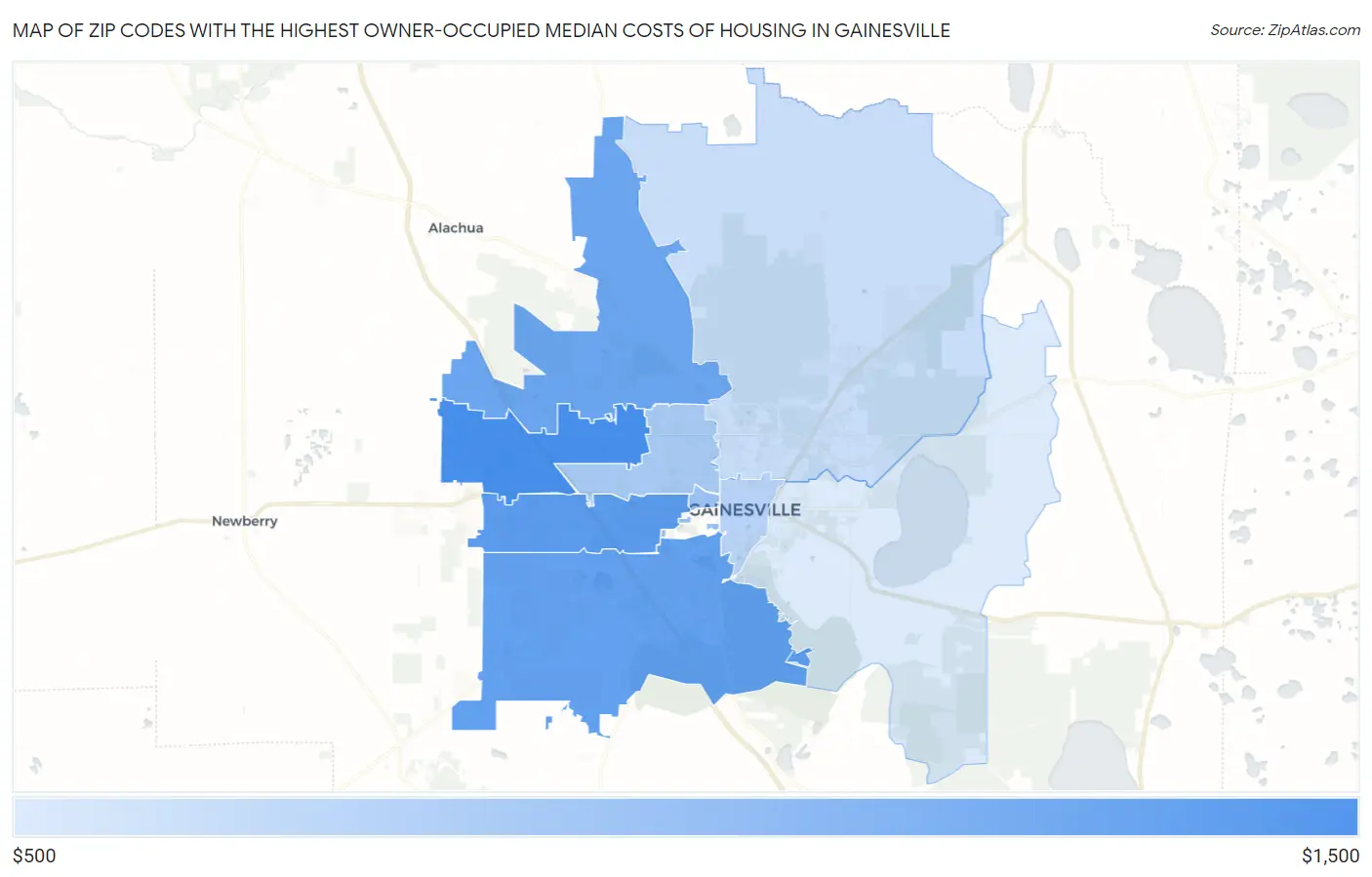 Zip Codes with the Highest Owner-Occupied Median Costs of Housing in Gainesville Map