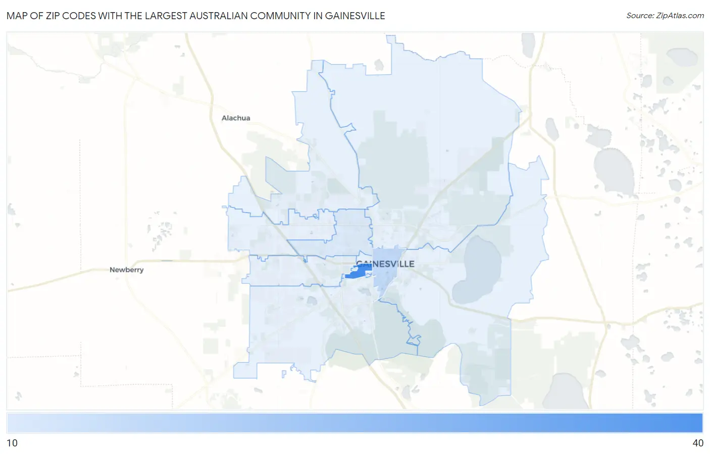 Zip Codes with the Largest Australian Community in Gainesville Map
