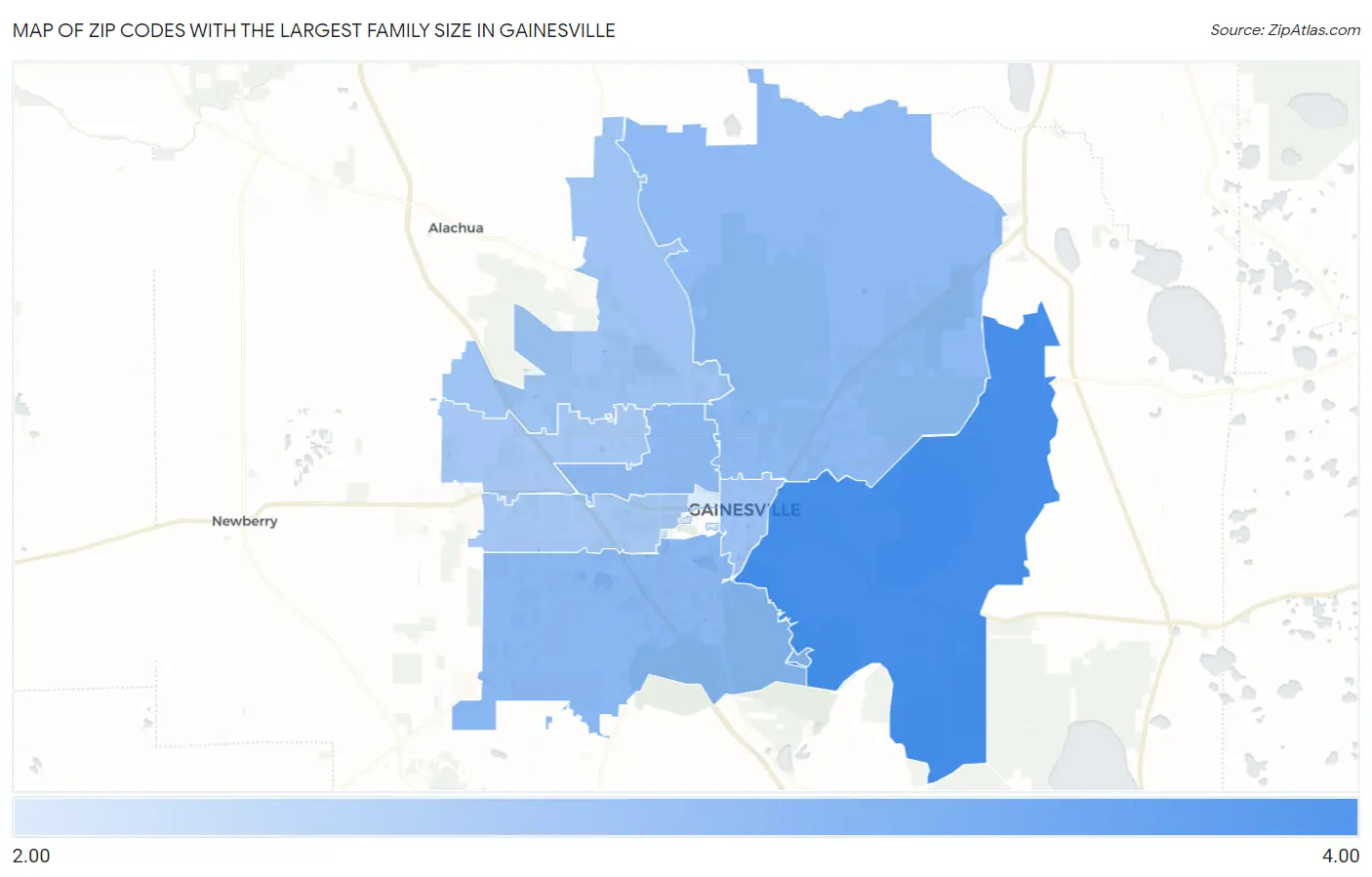 Zip Codes with the Largest Family Size in Gainesville Map