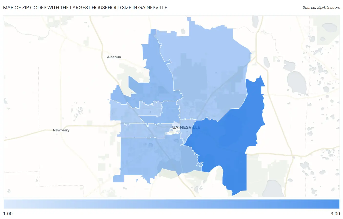 Zip Codes with the Largest Household Size in Gainesville Map