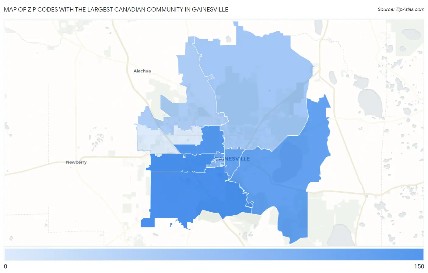 Zip Codes with the Largest Canadian Community in Gainesville Map