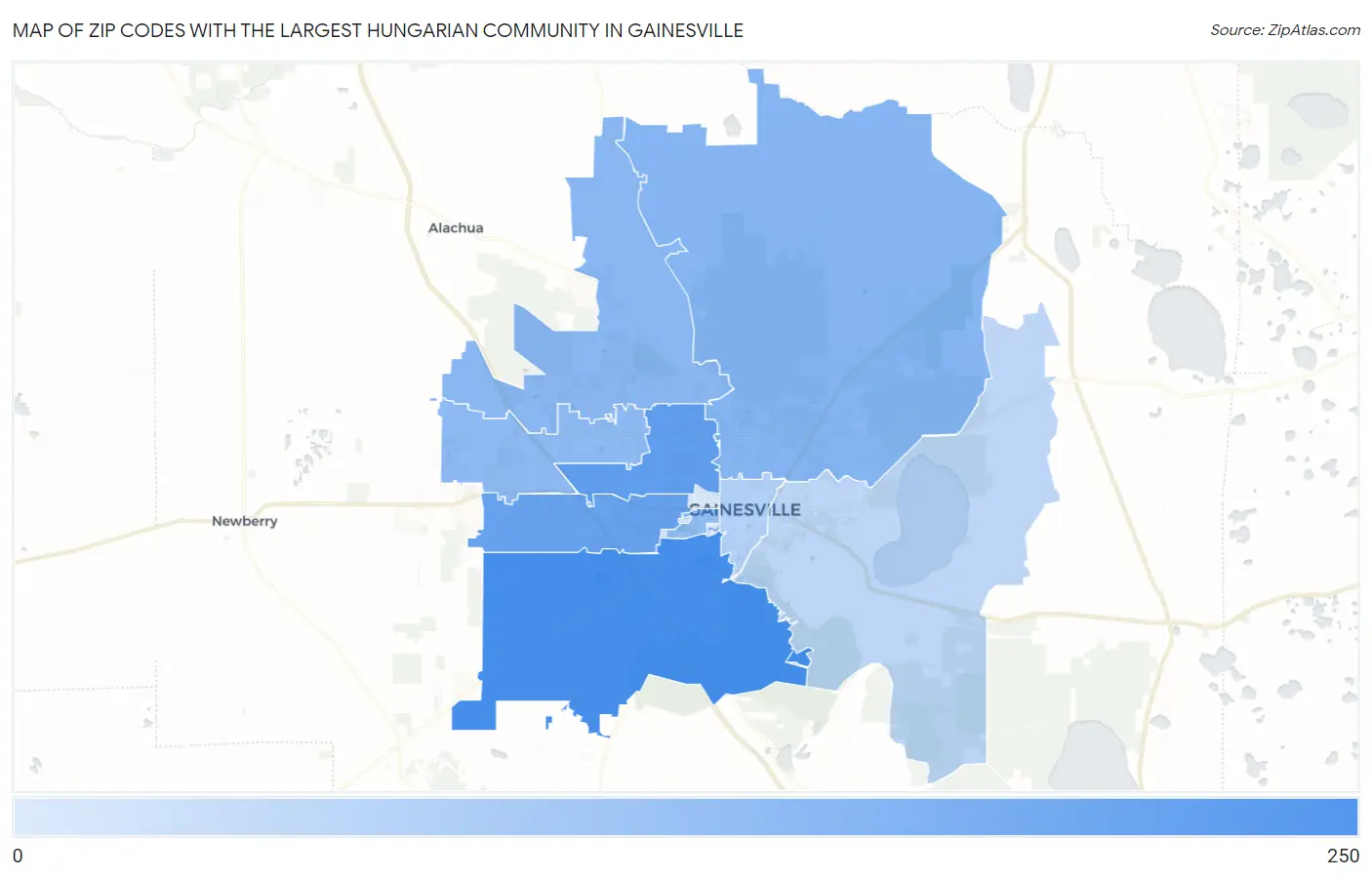 Zip Codes with the Largest Hungarian Community in Gainesville Map