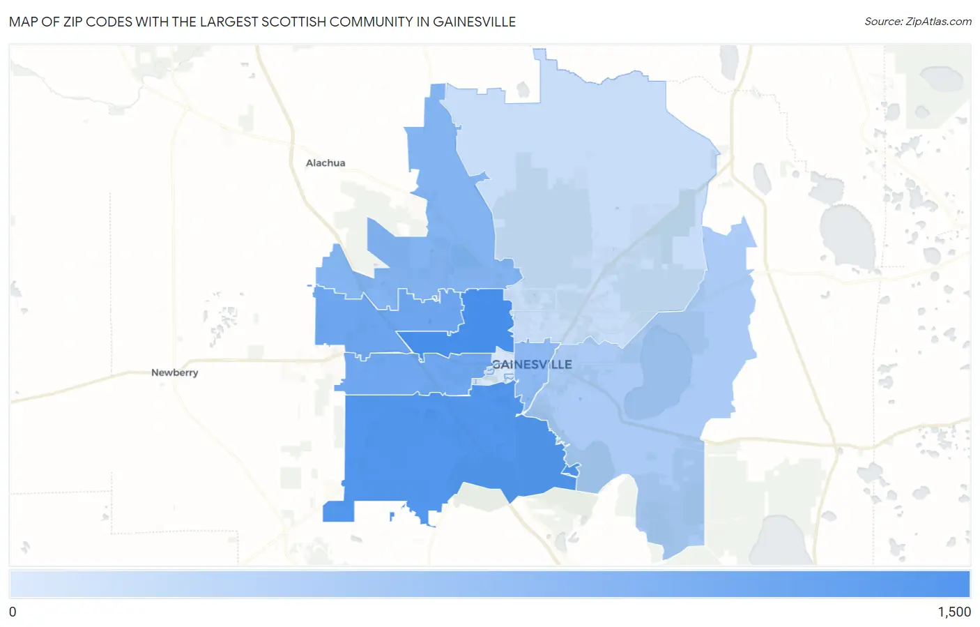 Zip Codes with the Largest Scottish Community in Gainesville Map