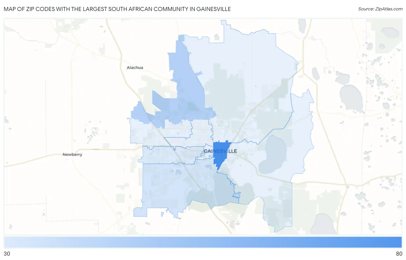 Zip Codes with the Largest South African Community in Gainesville Map