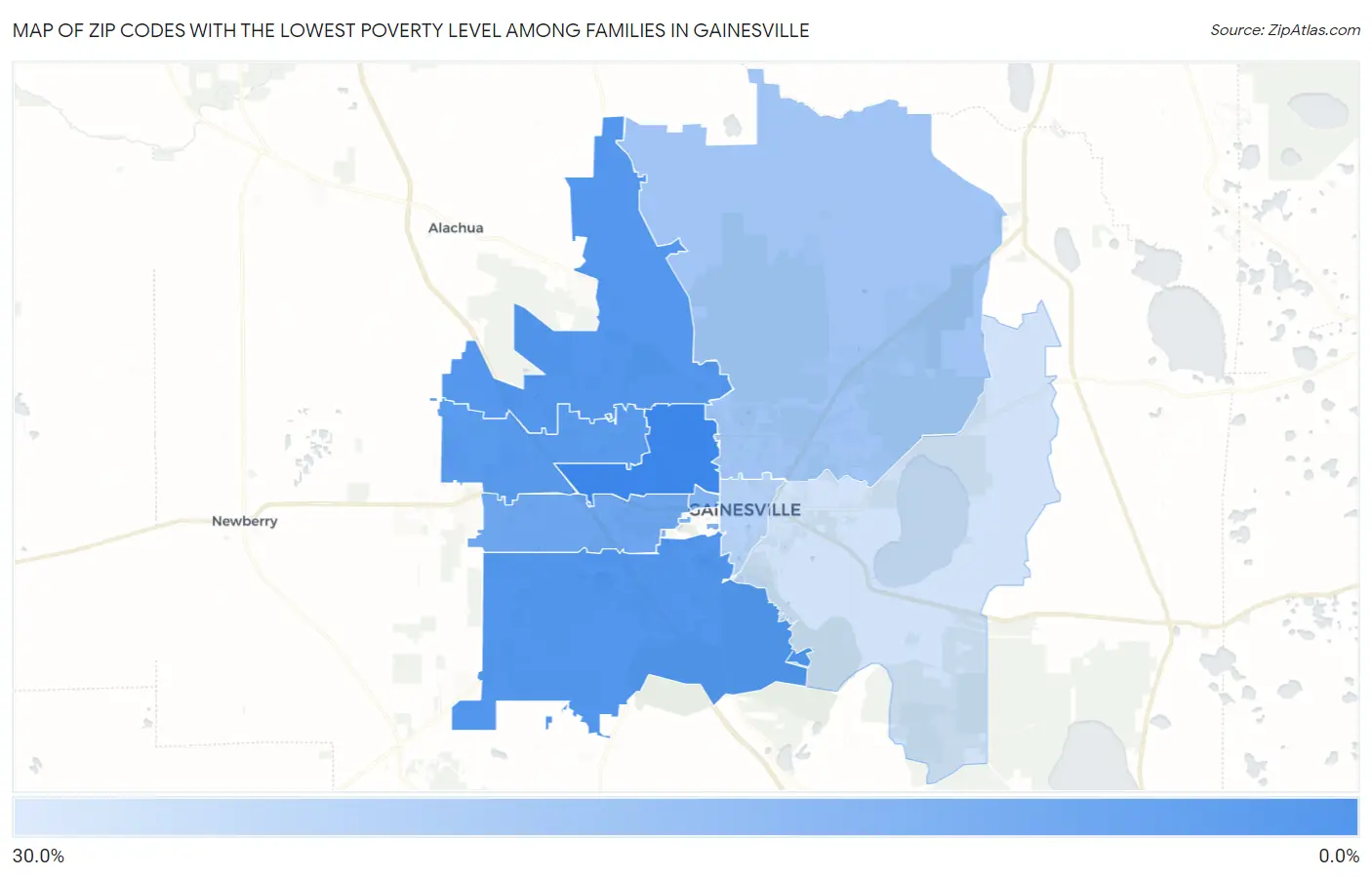 Zip Codes with the Lowest Poverty Level Among Families in Gainesville Map