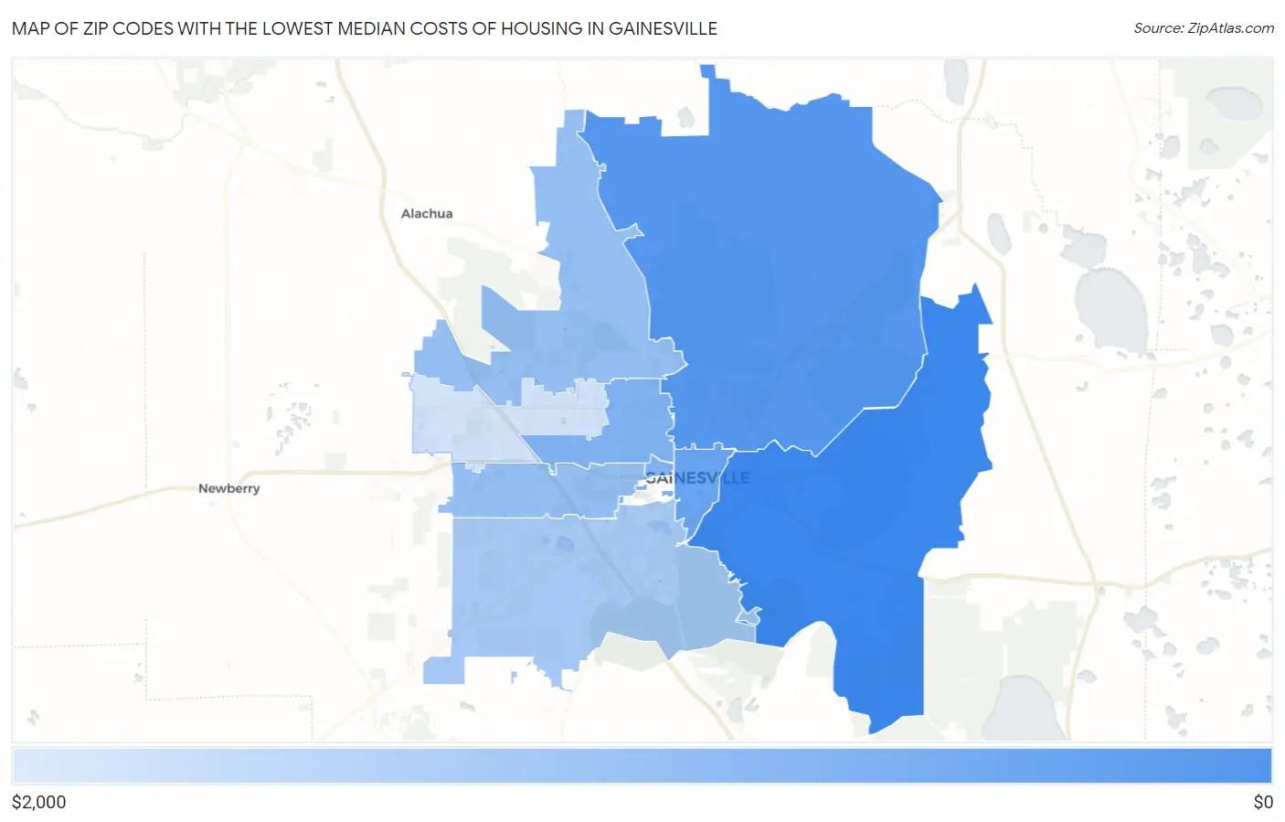 Zip Codes with the Lowest Median Costs of Housing in Gainesville Map