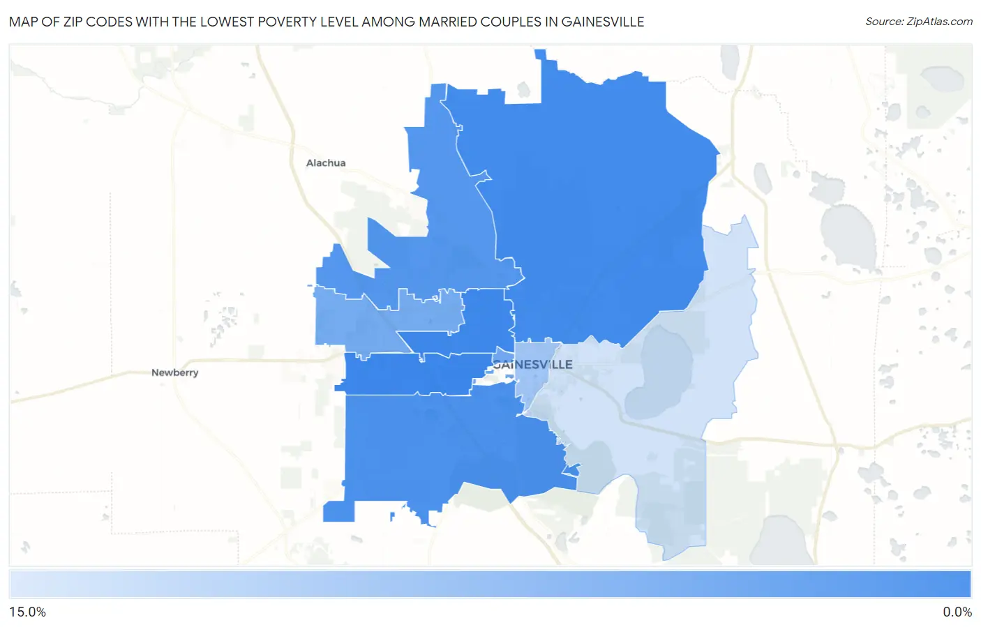 Zip Codes with the Lowest Poverty Level Among Married Couples in Gainesville Map