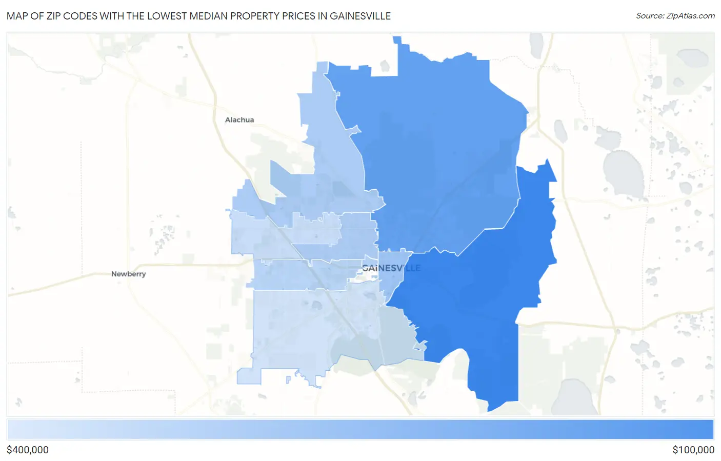 Zip Codes with the Lowest Median Property Prices in Gainesville Map