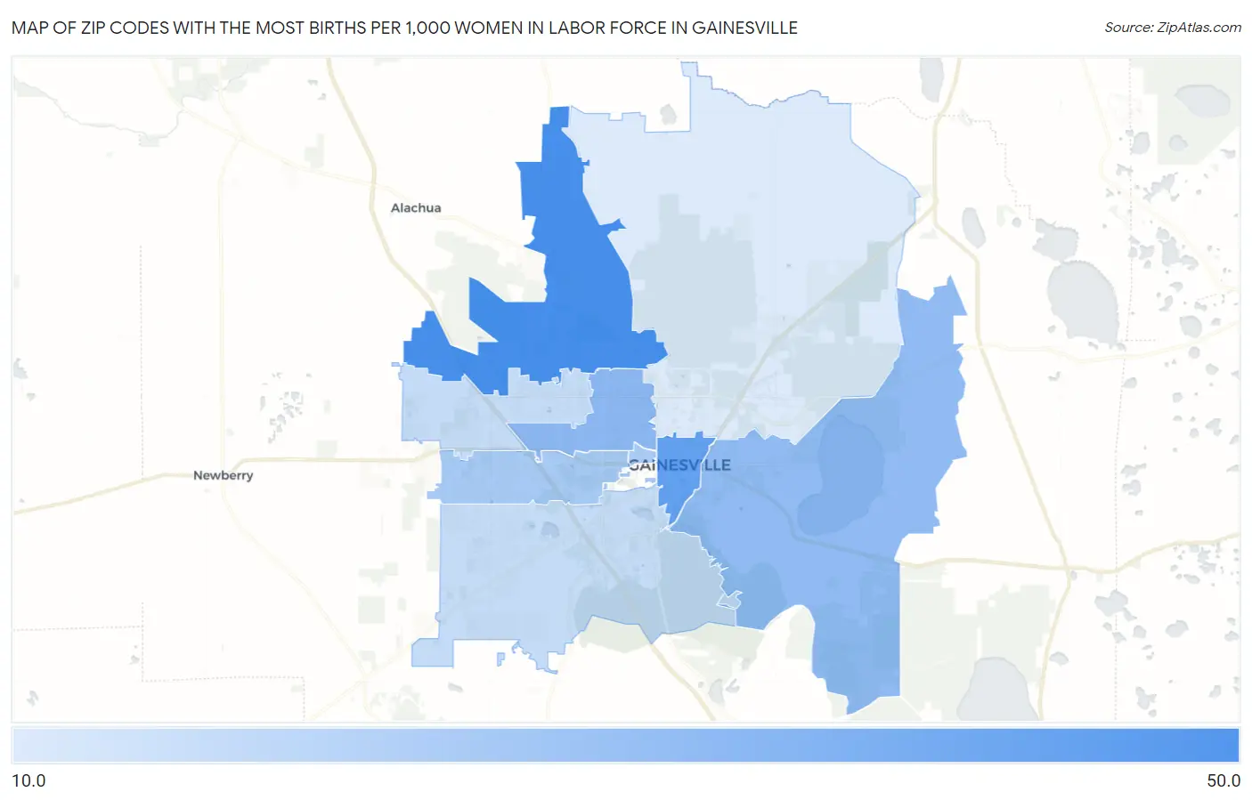 Zip Codes with the Most Births per 1,000 Women in Labor Force in Gainesville Map