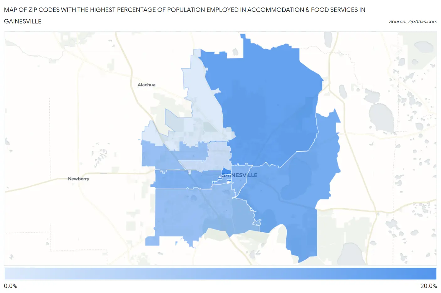 Zip Codes with the Highest Percentage of Population Employed in Accommodation & Food Services in Gainesville Map