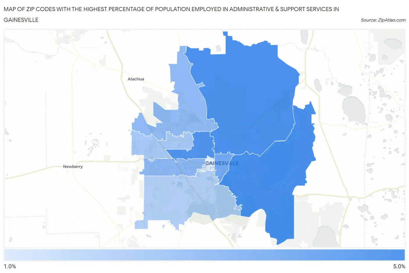 Zip Codes with the Highest Percentage of Population Employed in Administrative & Support Services in Gainesville Map