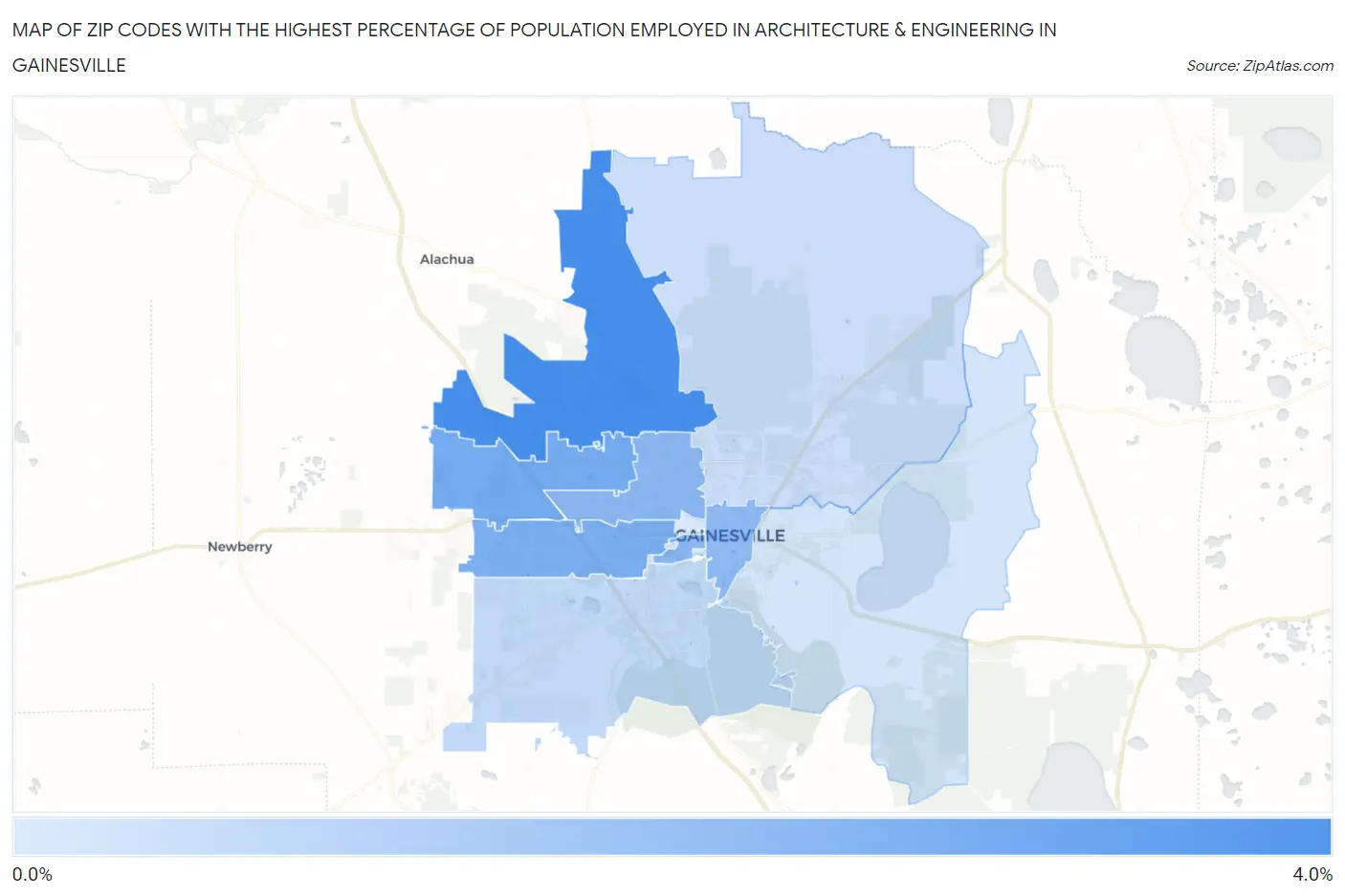 Zip Codes with the Highest Percentage of Population Employed in Architecture & Engineering in Gainesville Map