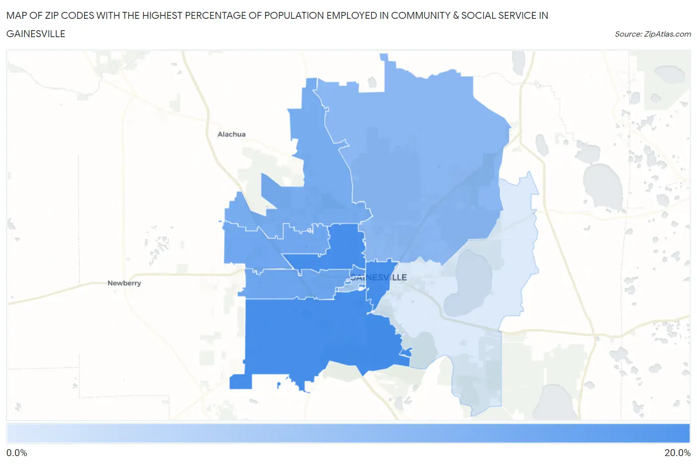 Zip Codes with the Highest Percentage of Population Employed in Community & Social Service  in Gainesville Map