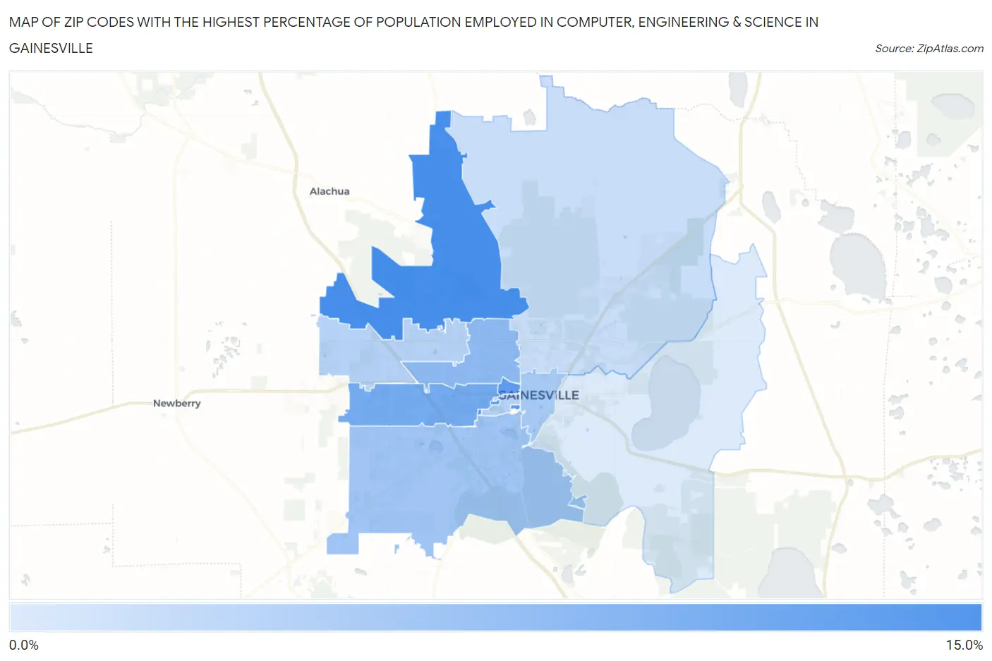Zip Codes with the Highest Percentage of Population Employed in Computer, Engineering & Science in Gainesville Map