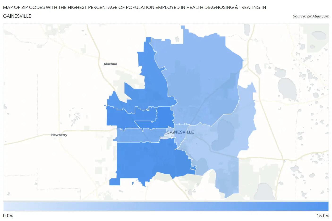 Zip Codes with the Highest Percentage of Population Employed in Health Diagnosing & Treating in Gainesville Map