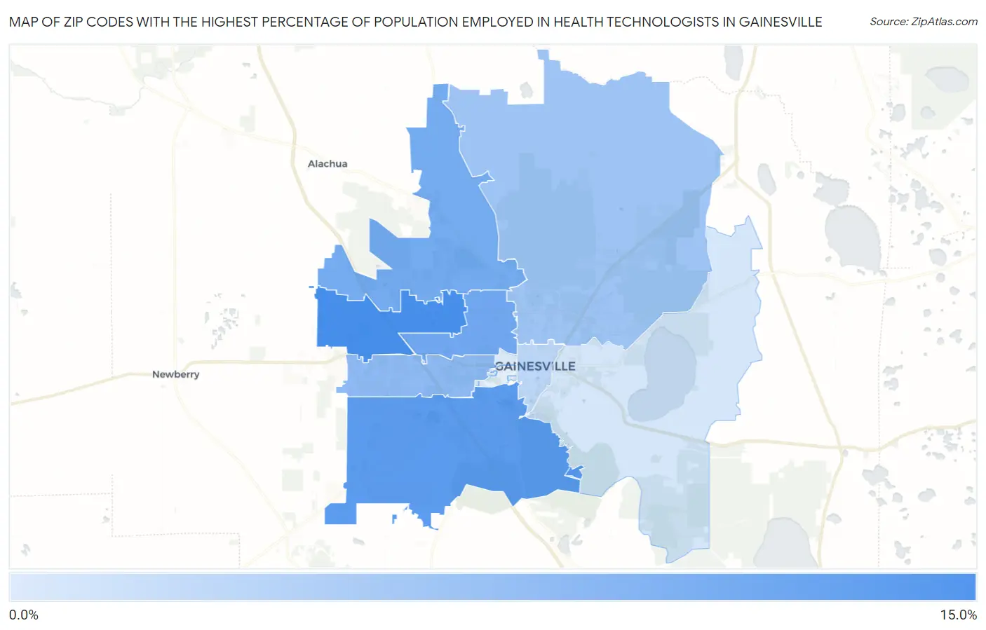 Zip Codes with the Highest Percentage of Population Employed in Health Technologists in Gainesville Map
